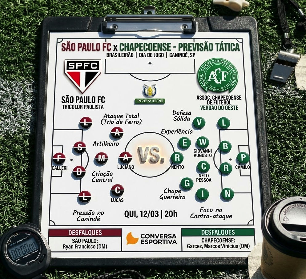 Prancheta tática detalhando a provável escalação São Paulo x Chapecoense hoje no Canindé.