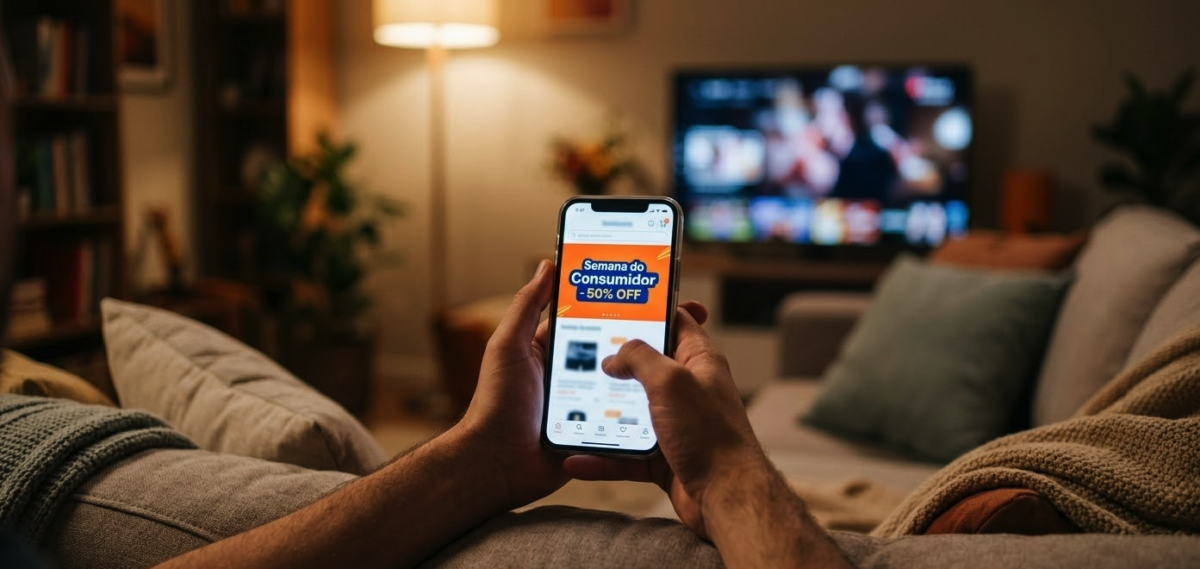 Pessoa pesquisa ofertas e descontos da Semana do Consumidor 2026 no celular.