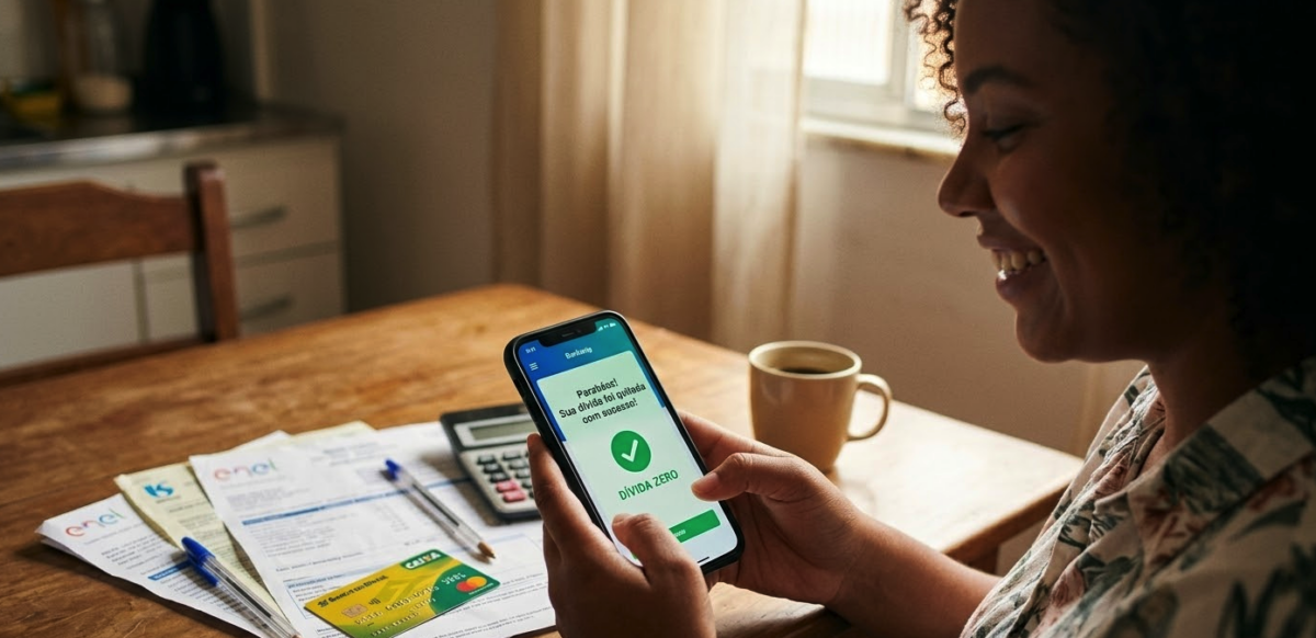 Cidadão usando o celular para renegociar dívidas e limpar o nome no Feirão Serasa Limpa Nome.