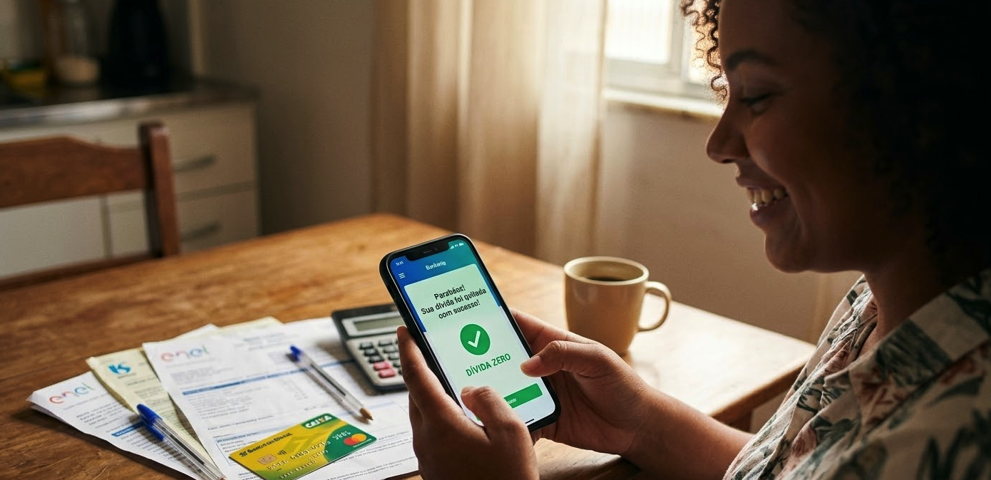 Cidadão usando o celular para renegociar dívidas e limpar o nome no Feirão Serasa Limpa Nome.