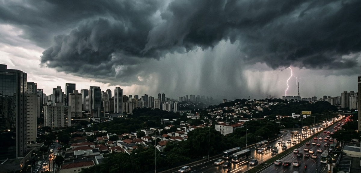 Nuvens escuras e tempestade se formando sobre cidade brasileira, ilustrando o alerta INMET de chuva para o fim de semana.