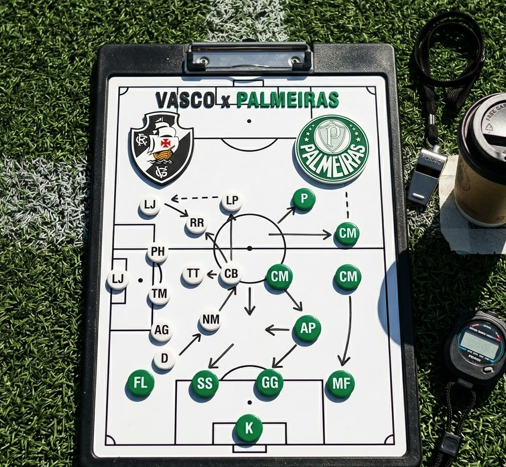 Prancheta tática ilustrando a escalação Vasco x Palmeiras hoje pelo Brasileirão.