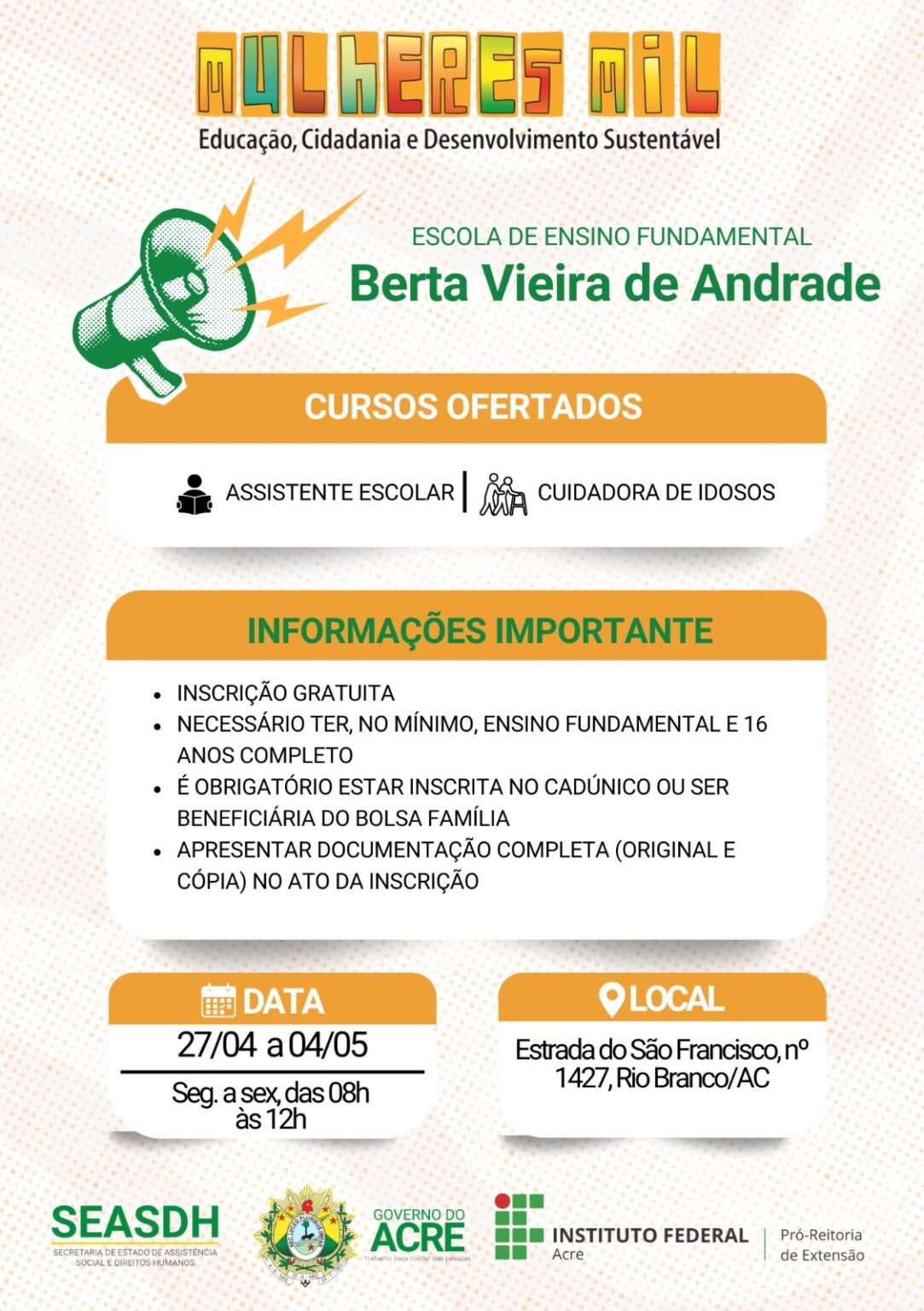Programa Mulheres Mil abre inscrições para cursos gratuitos em Rio Branco