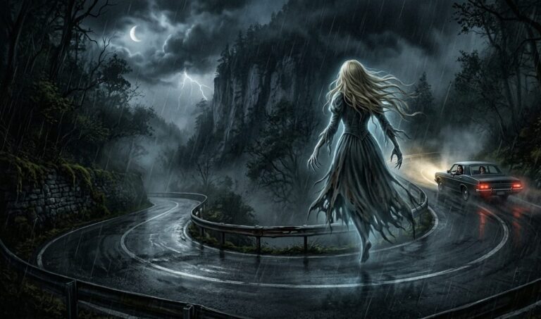 Imagem da curva do Tucumã com uma estrada sinuosa e uma silhueta misteriosa. Imagem produzida por IA