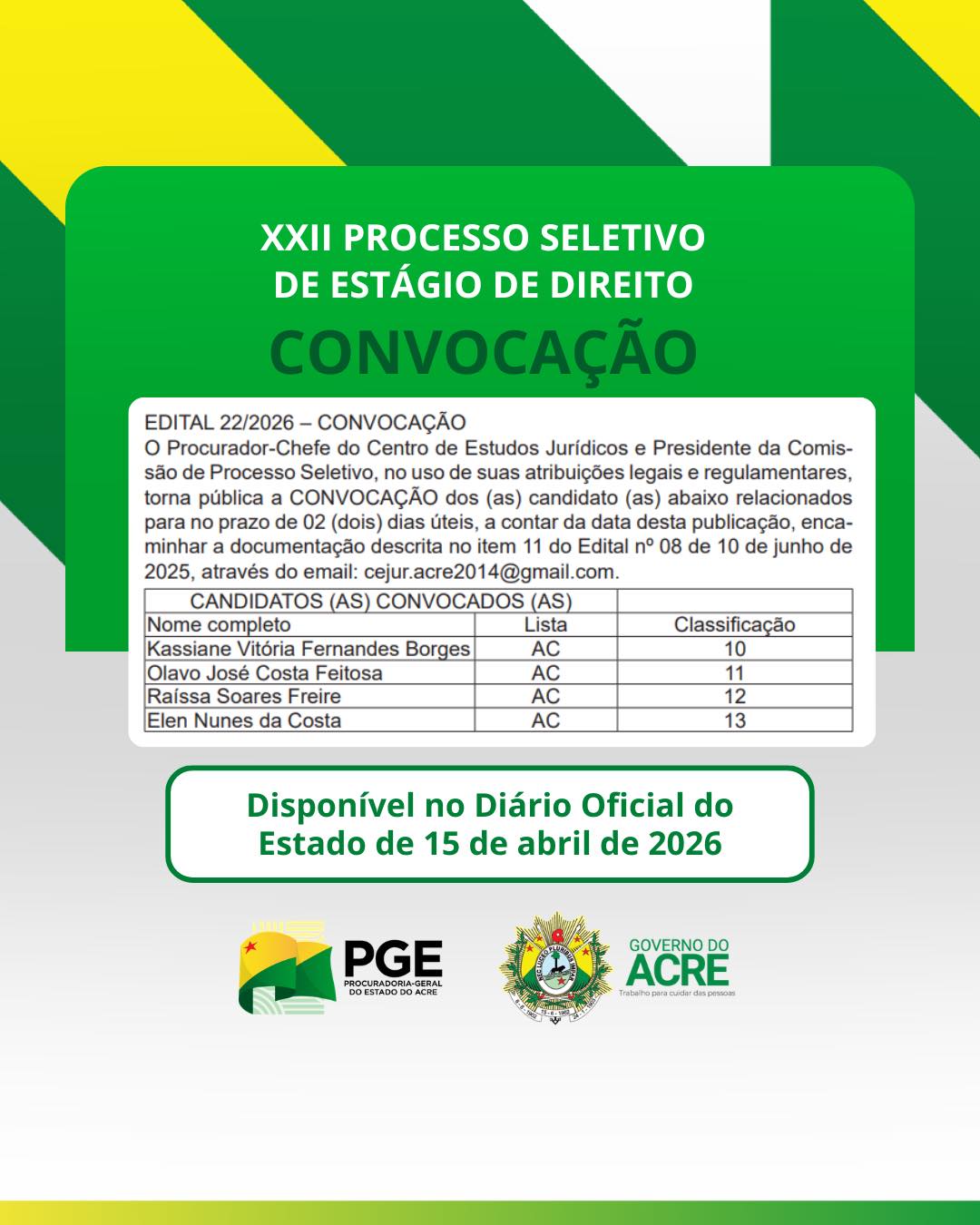 PGE-AC convoca aprovados em processo seletivo de estágio em Direito