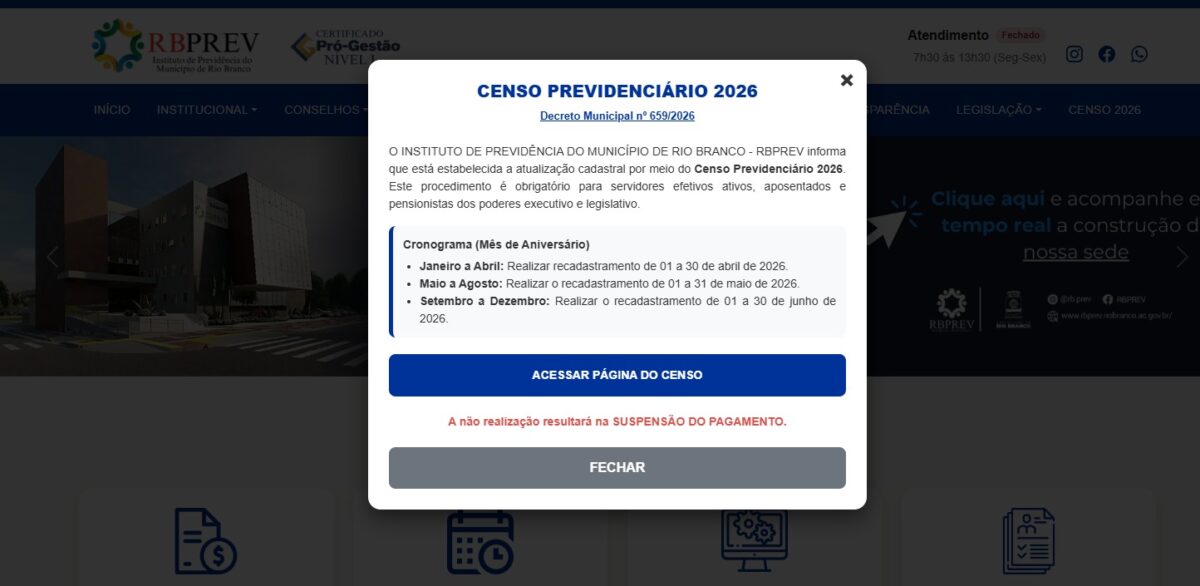 Prefeitura de Rio Branco convoca servidores para atualização do Censo Previdenciário
