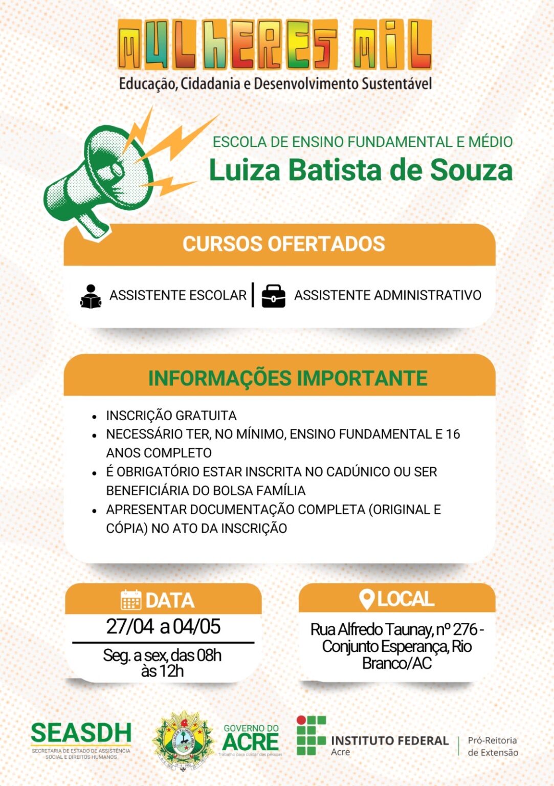 Programa Mulheres Mil abre inscrições para cursos gratuitos em Rio Branco