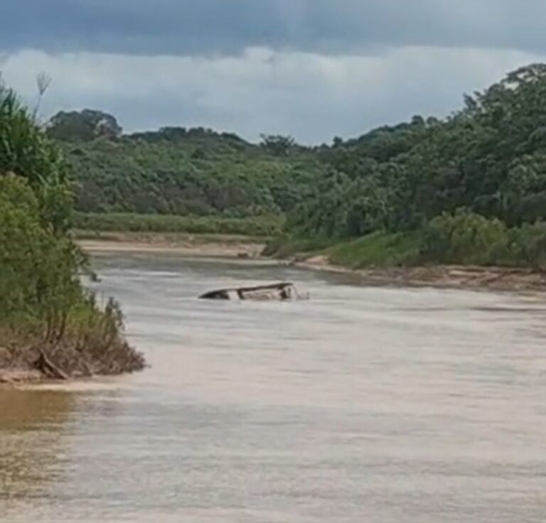 Embarcação afundada no Rio Iaco, no Acre, cercada por vegetação.