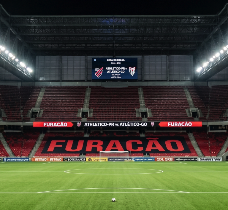 Jogadores de Athletico-PR e Atlético-GO em disputa na Arena da Baixada pela Copa do Brasil.