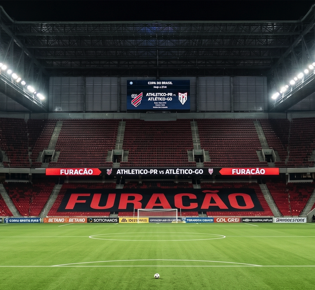 Jogadores de Athletico-PR e Atlético-GO em disputa na Arena da Baixada pela Copa do Brasil.