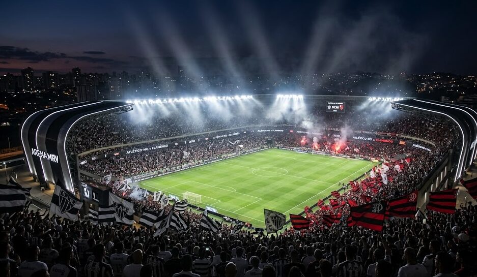 Arena MRV iluminada para o clássico Atlético-MG x Flamengo ao vivo hoje.