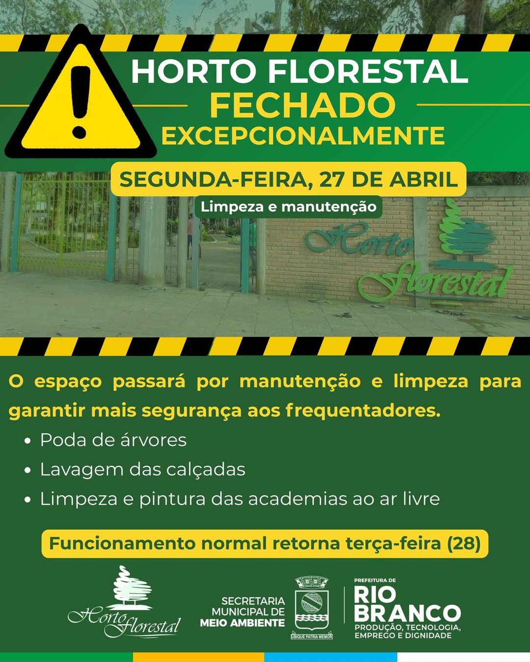 Horto Florestal fecha para manutenção nesta segunda-feira em Rio Branco