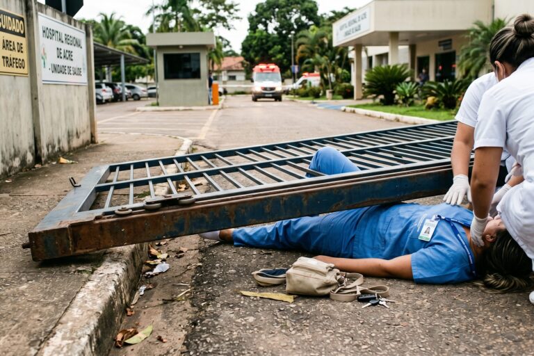 Portão desaba sobre servidora em hospital no Acre