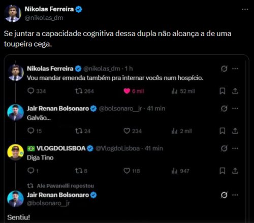 Nikolas Ferreira e filho de Bolsonaro trocam farpas nas redes: "Toupeira cega"