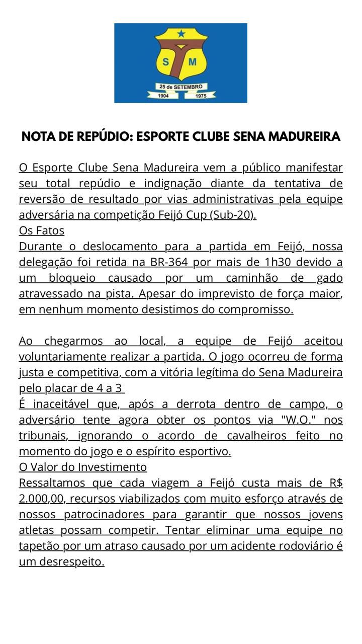 Após derrota de 4 a 3, time de Feijó pede W.O. contra Sena Madureira por atraso