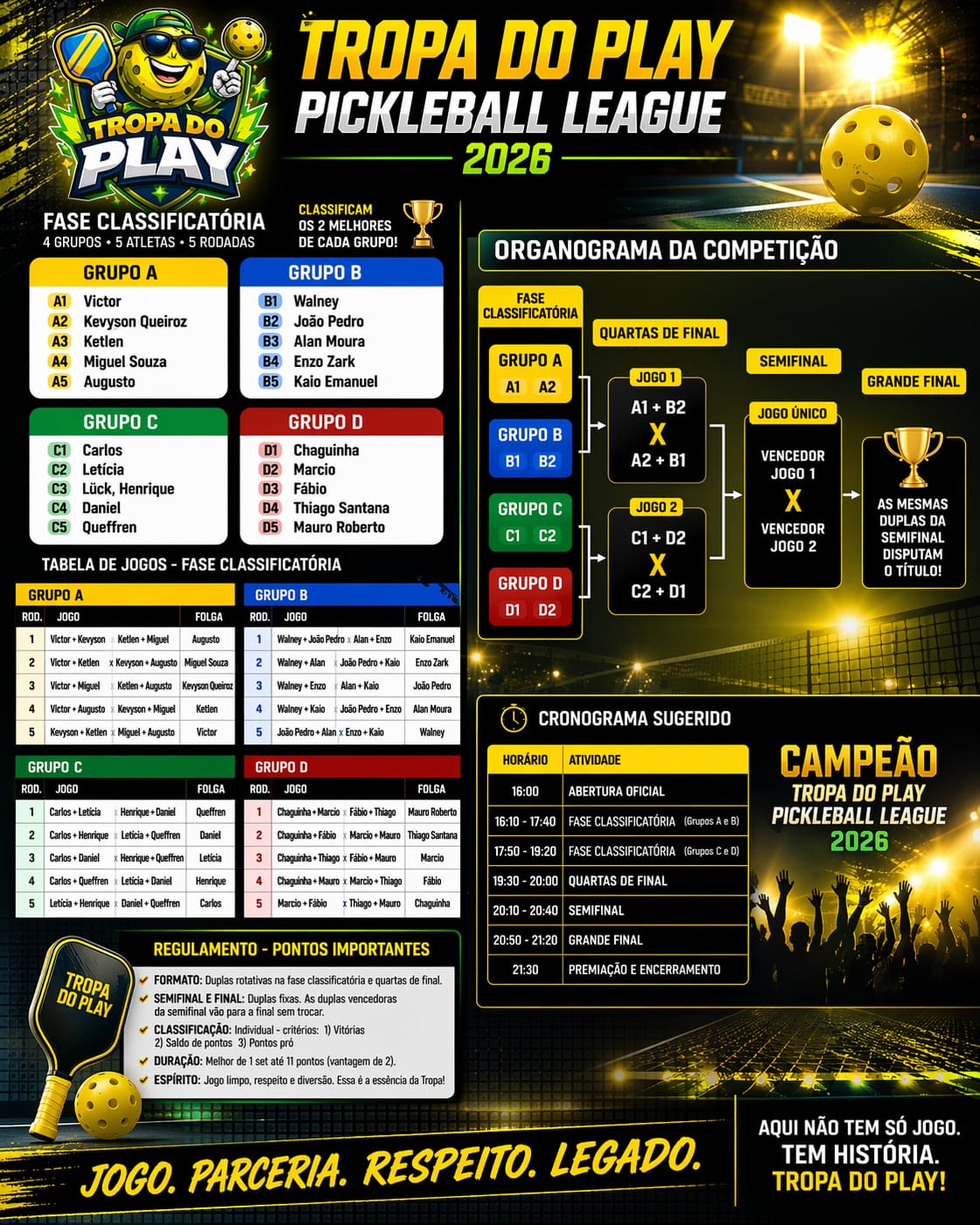 Tropa do Play 2026 inicia liga de pickleball com fase de grupos