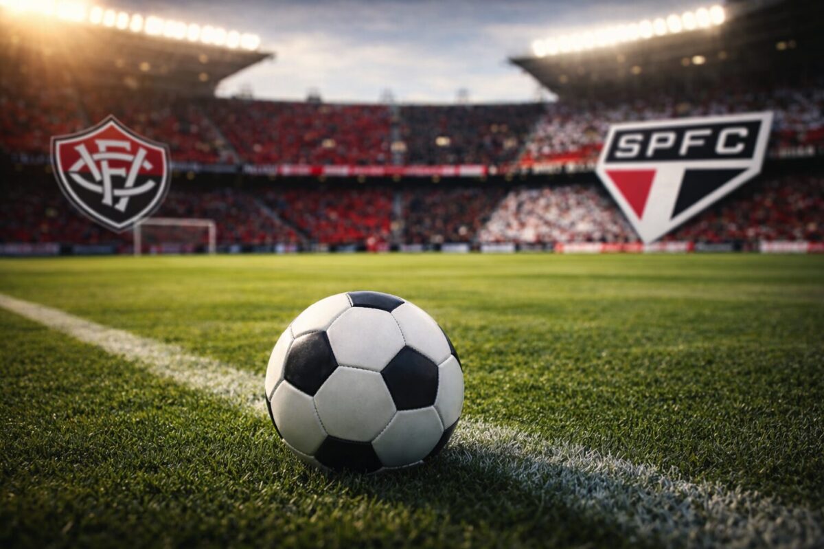 Bola no gramado do Barradão pronta para o jogo Vitória x São Paulo pelo Brasileirão.