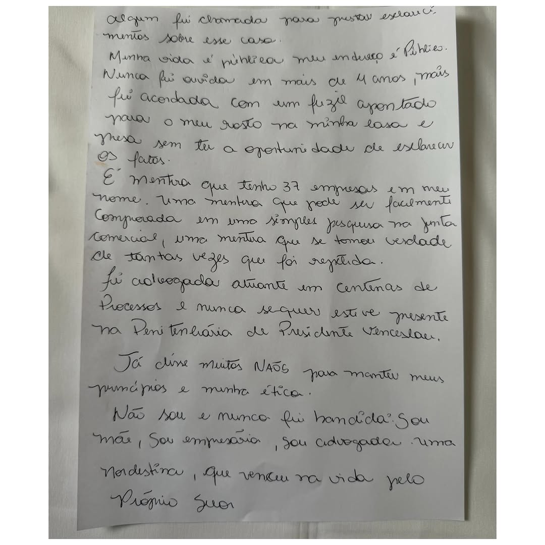 Em carta da prisão, Deolane Bezerra alega perseguição e nega elo com o PCC