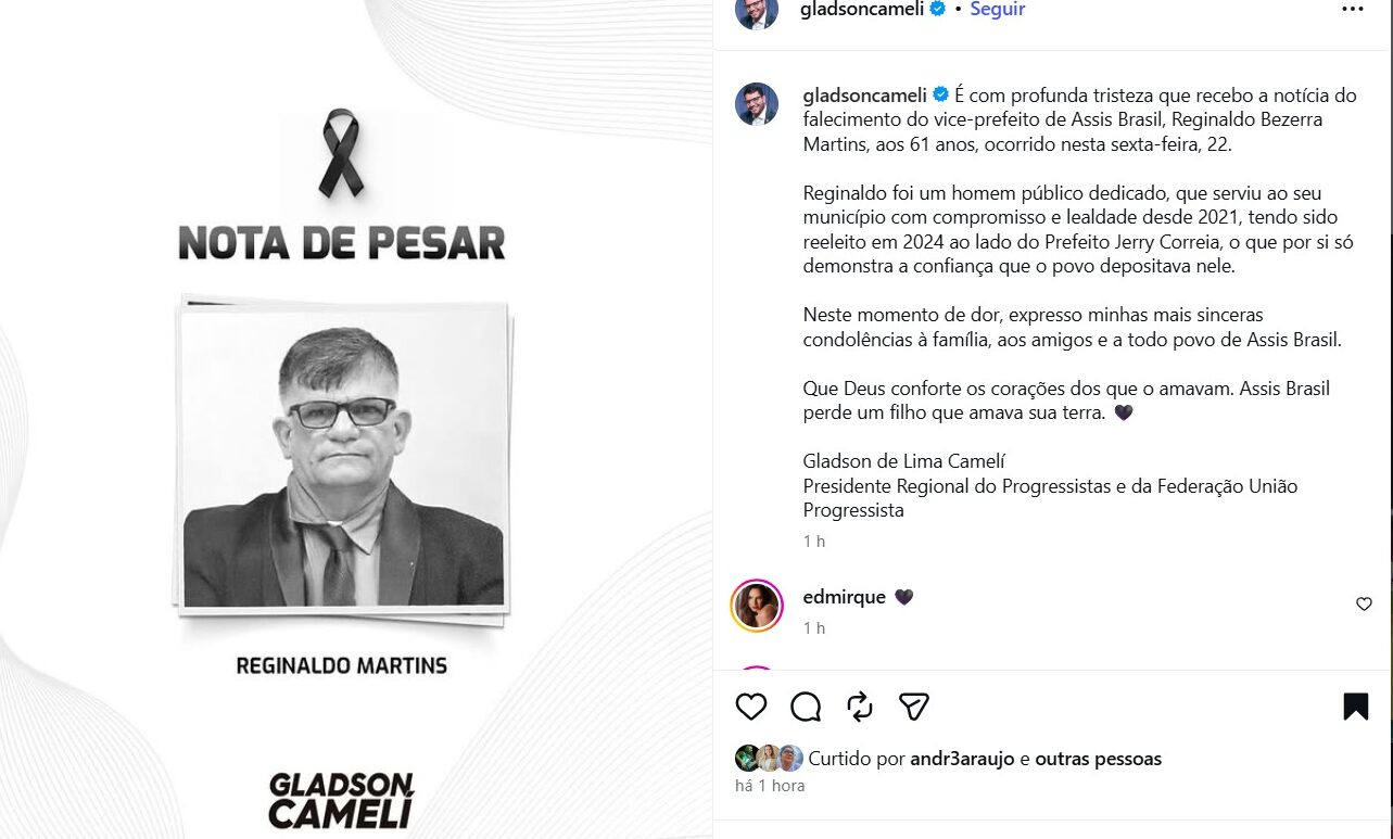 Autoridades políticas lamentam morte de vice-prefeito de Assis Brasil