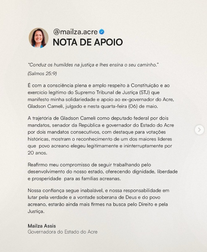 Mailza declara apoio a Gladson Camelí após julgamento no STJ
