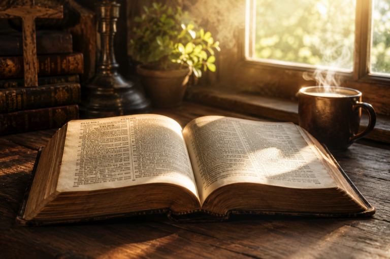 Mensagem Bíblica do Dia: O versículo de esperança para guiar a sua rotina Bíblia sagrada aberta sobre uma mesa iluminada pela luz da manhã, transmitindo paz e inspiração.