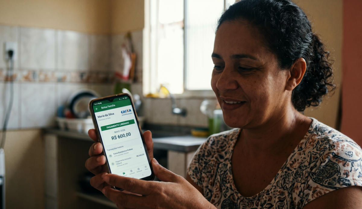 Mulher realizando a consulta Bolsa Família maio 2026 pelo CPF no smartphone.