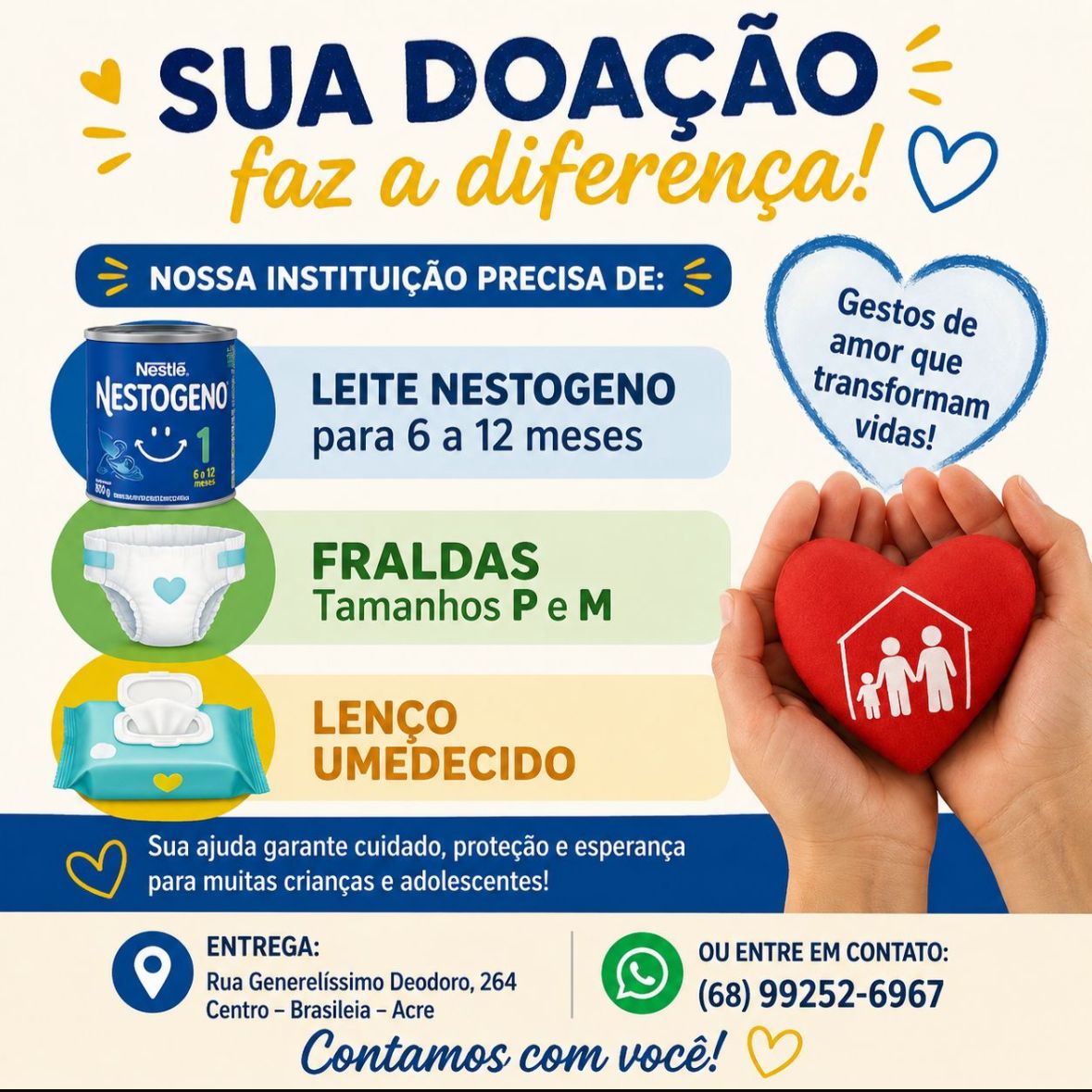 Casa de acolhimento faz campanha por leite e fraldas para crianças no Acre