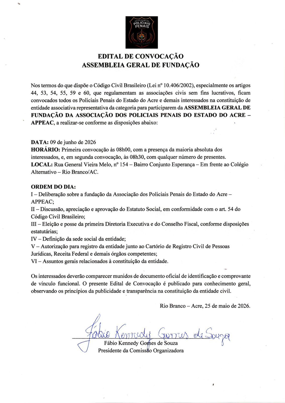 Edital de convocação: policiais penais criam associação da categoria no Acre