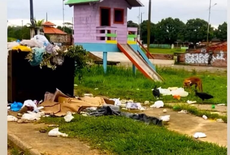 Lixo e urubus tomam conta de parquinho infantil no interior do Acre
