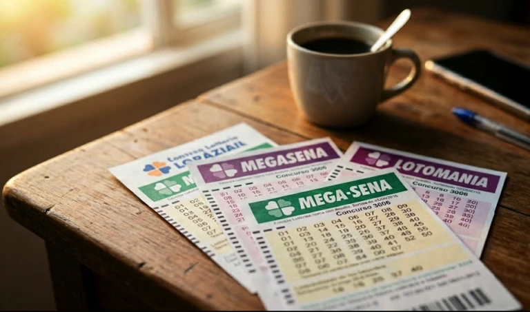 Bilhetes da Mega-Sena e loterias da Caixa sobre uma mesa em clima matinal.