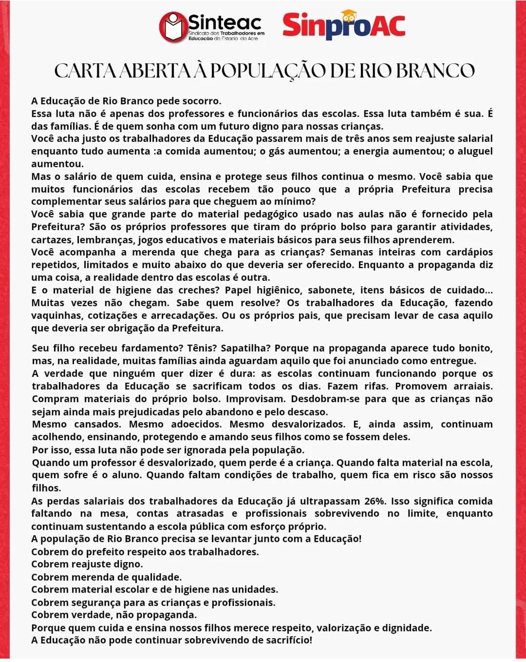 Sindicatos dizem que educação de Rio Branco “pede socorro”