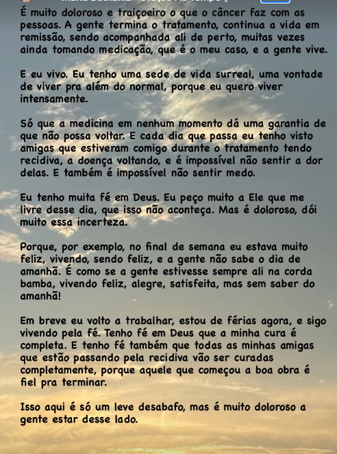 remissão (4) “Tenho sede de viver”: professora relata medo que não acaba após tratamento oncológico