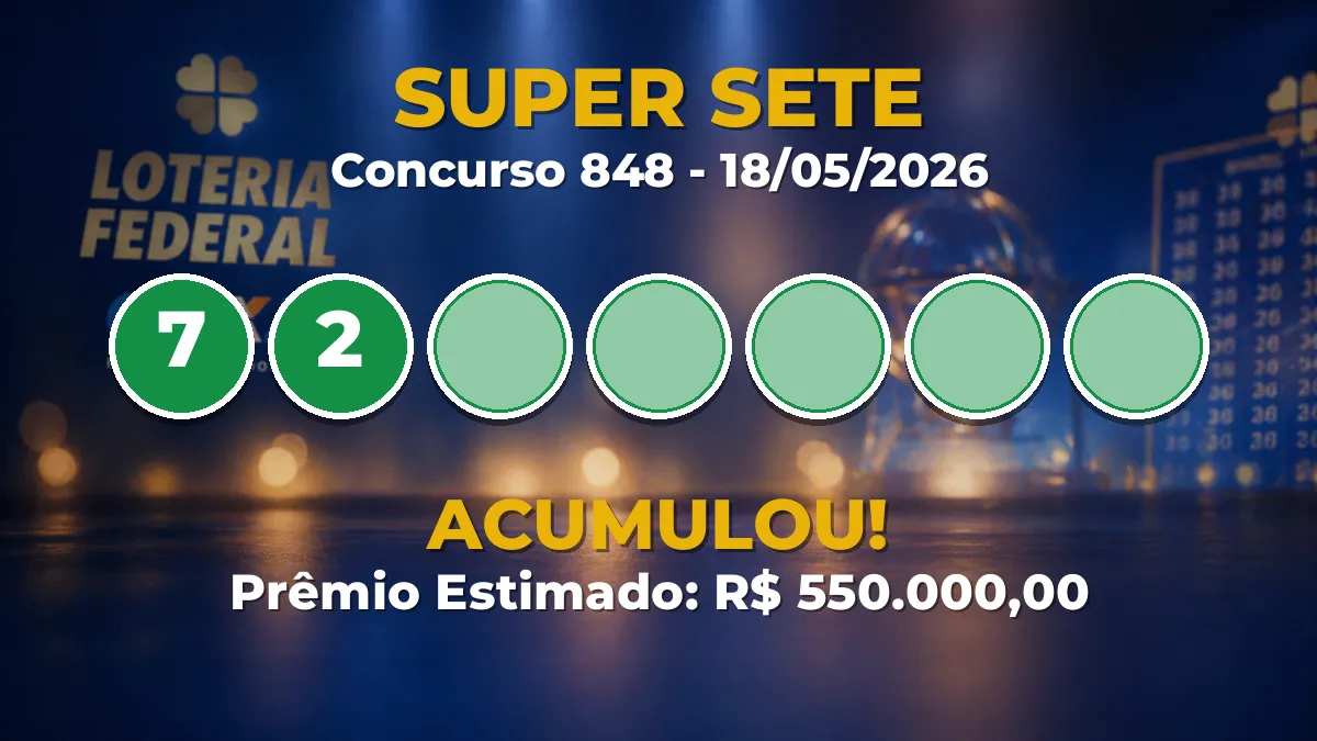 Resultado da Super Sete de hoje (concurso 848): prêmio vai a R$ 550.000,00 Resultado da Super Sete de hoje (concurso 848): prêmio vai a R$ 550.000,00