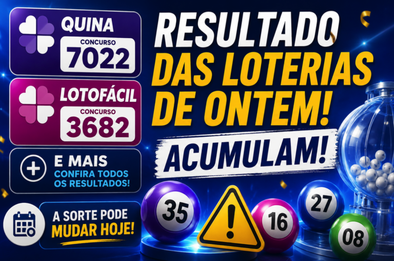Acumulou: veja o resultado da Quina e de outras loterias de ontem Em ambas as versões, se usar uma imagem, o texto alternativo deve ser: "Tabela com resultados das loterias Quina 7022 e Lotofácil 3682 acumuladas."
