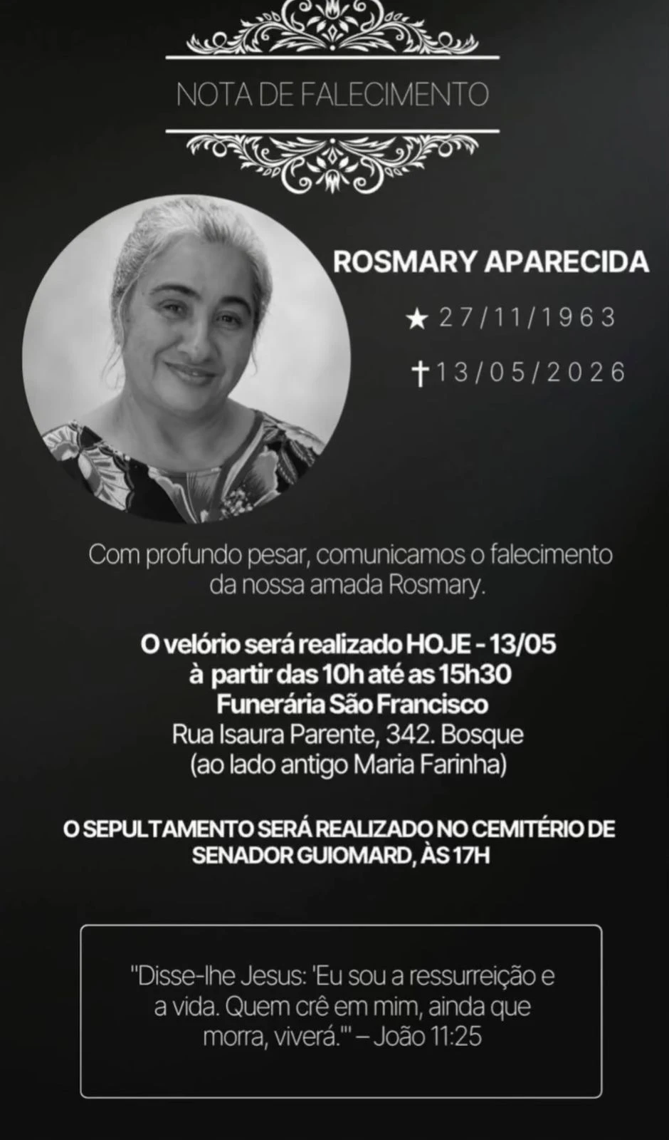 Rosmary Aparecida morreu nesta quarta