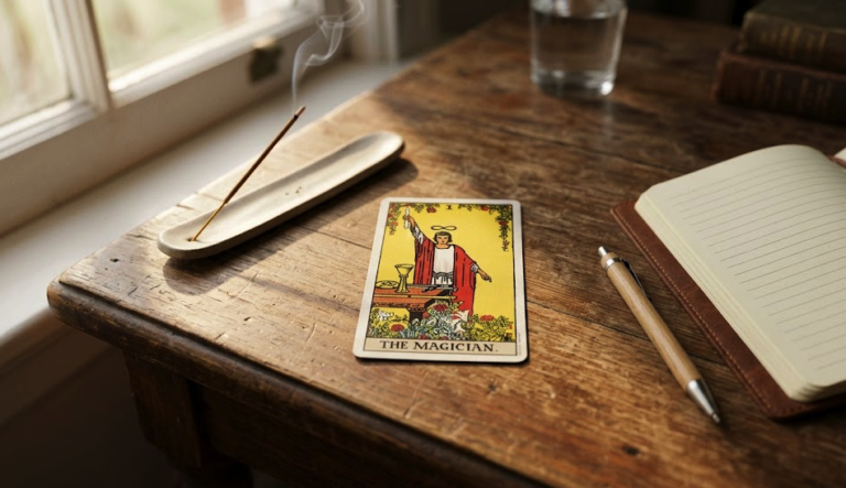 Carta de Tarot 'O Mago' sobre mesa de madeira iluminada pelo sol da manhã.