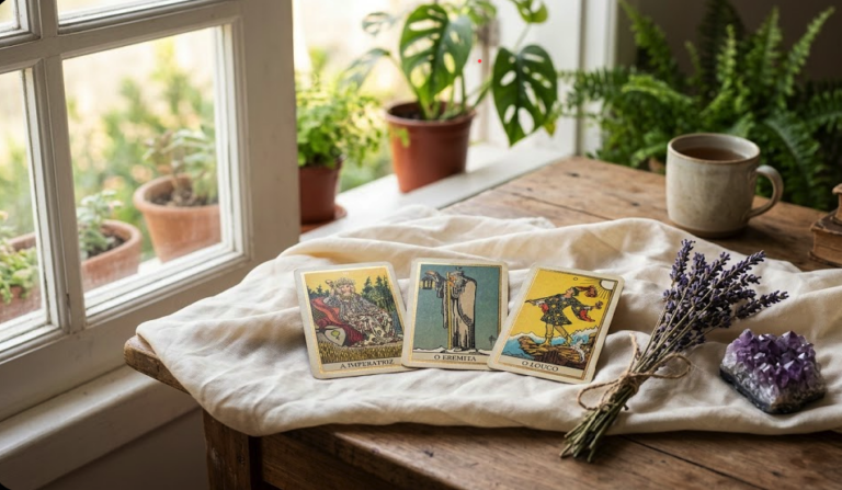 Três cartas de Tarot dispostas sobre um tecido de seda iluminadas pela luz suave da manhã de domingo.