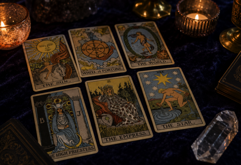 Cartas de Tarot dispostas sobre uma mesa aclamada por luz de velas, ilustrando as previsões do dia.