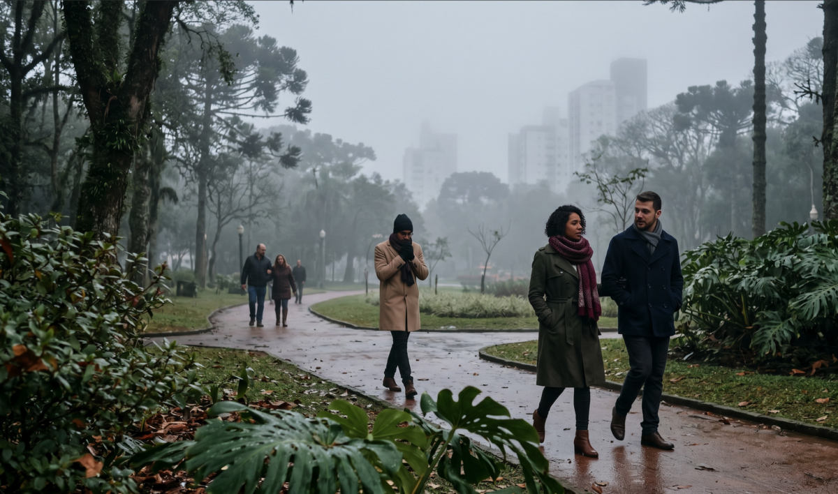 Pessoas agasalhadas em parque devido à chegada de frente fria e queda de temperatura nesta semana.
