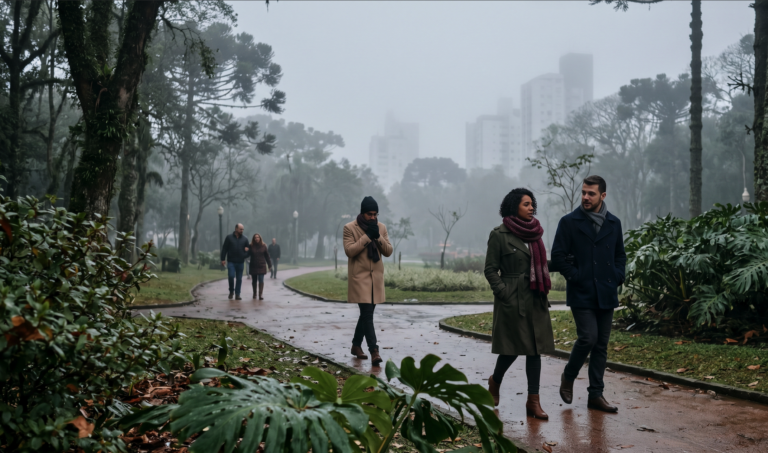 Pessoas agasalhadas em parque devido à chegada de frente fria e queda de temperatura nesta semana.