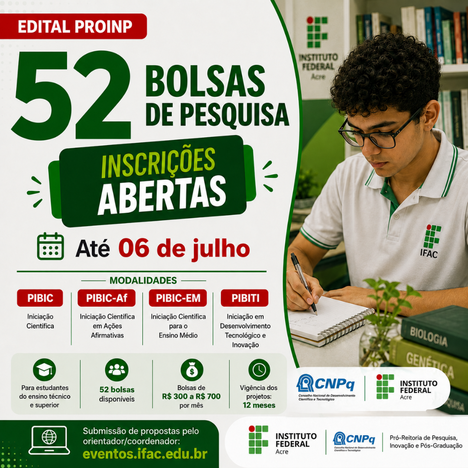Ifac abre inscrições para 52 bolsas de iniciação científica; saiba mais IFAC