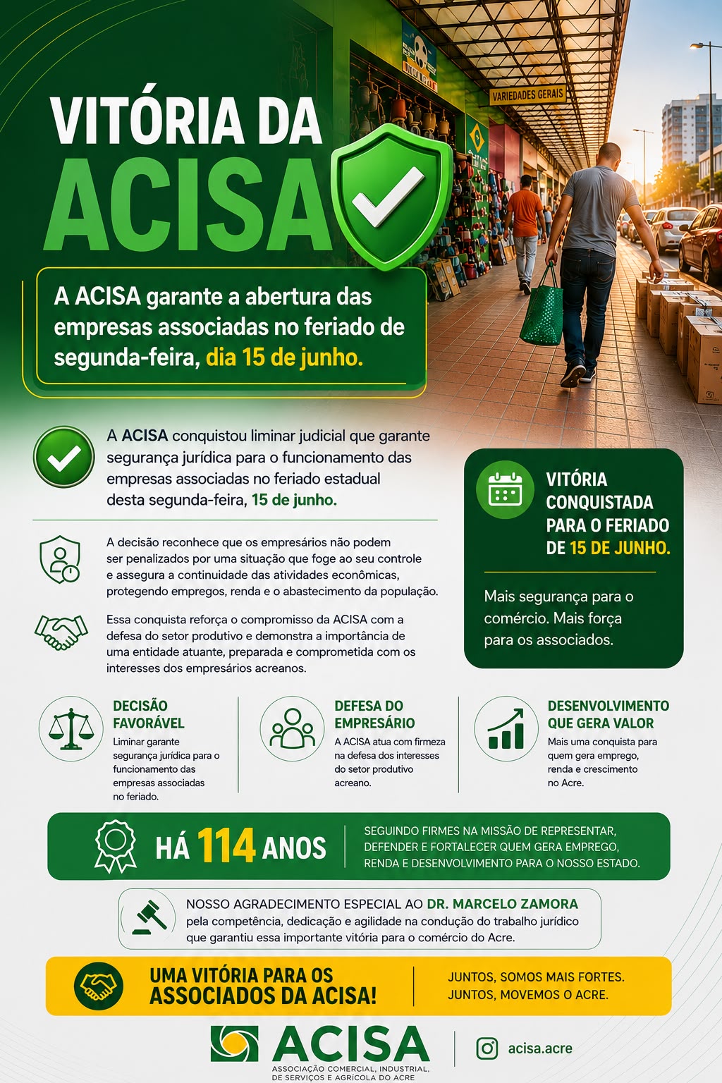 Empresas associadas à Acisa poderão funcionar normalmente no feriado Empresas associadas à Acisa poderão funcionar normalmente no feriado