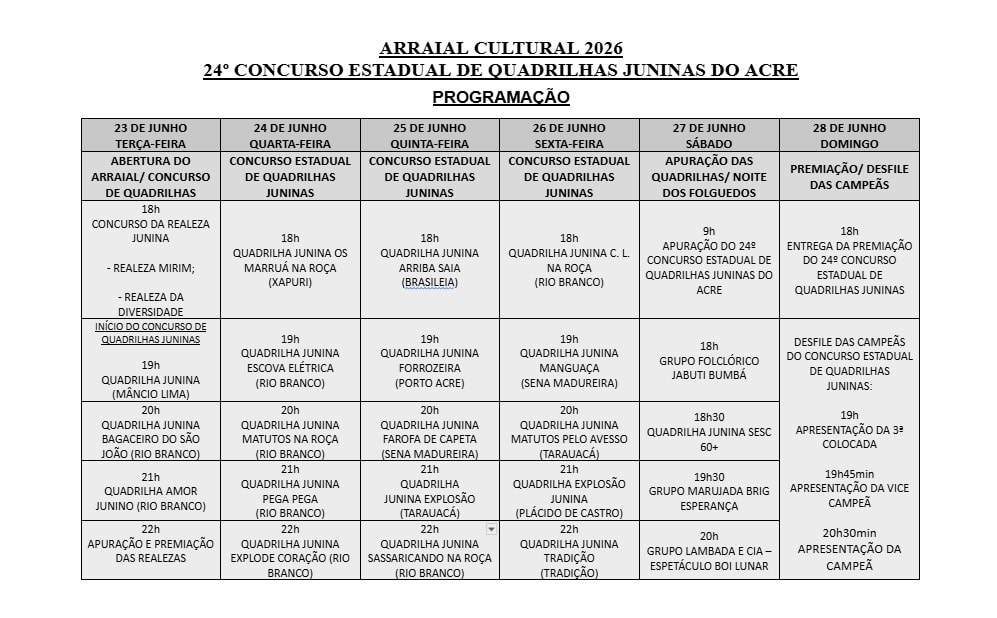 Governo do Acre divulga programação do Arraial Cultural 2026 Governo do Acre divulga programação do Arraial Cultural 2026