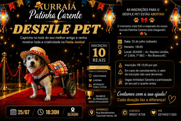 Aurraiá Patinha Carente abre inscrições para desfile pet com tema junino