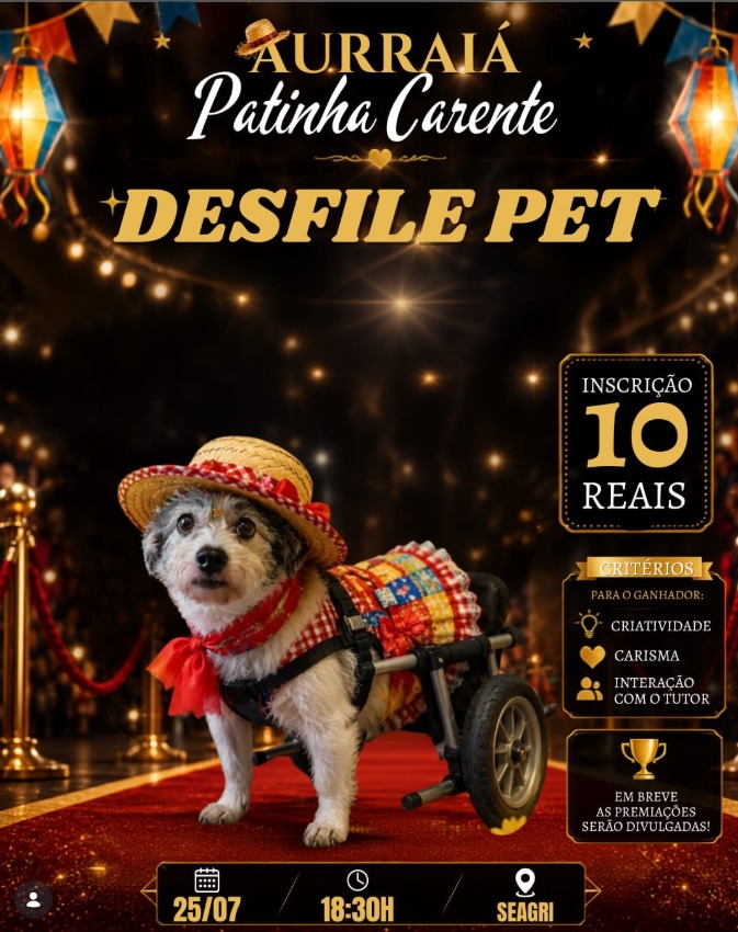 Aurraiá Patinha Carente abre inscrições para desfile pet com tema junino