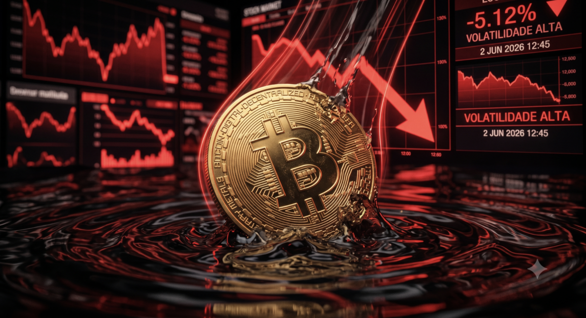 Gráfico de queda com velas vermelhas e o símbolo do Bitcoin hoje representando a desvalorização do mercado.