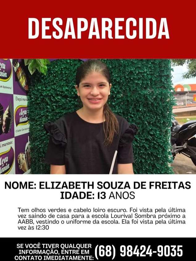 Adolescente de 13 anos desaparece após sair de casa para ir à escola em Rio Branco
