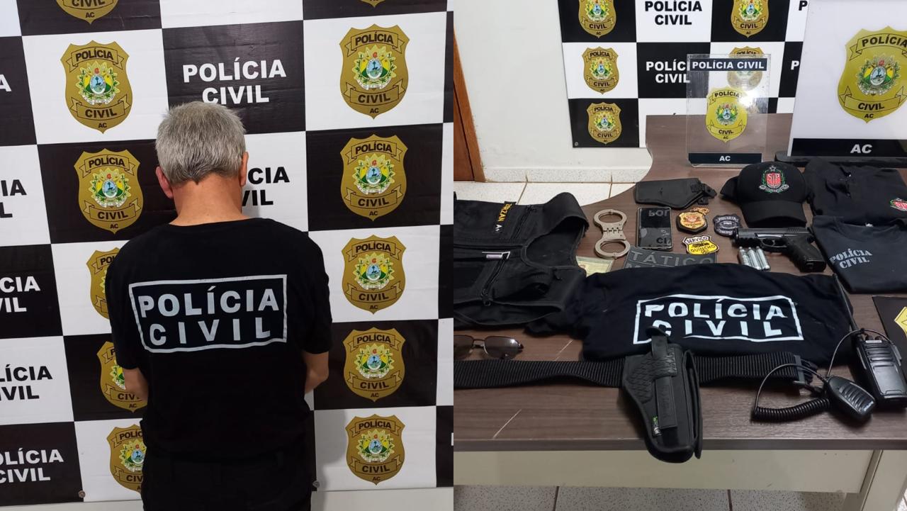 Falso policial de SP usava farda, arma e distintivo para enganar moradores no Acre Falso policial de SP usava farda, arma e distintivo para enganar moradores no Acre