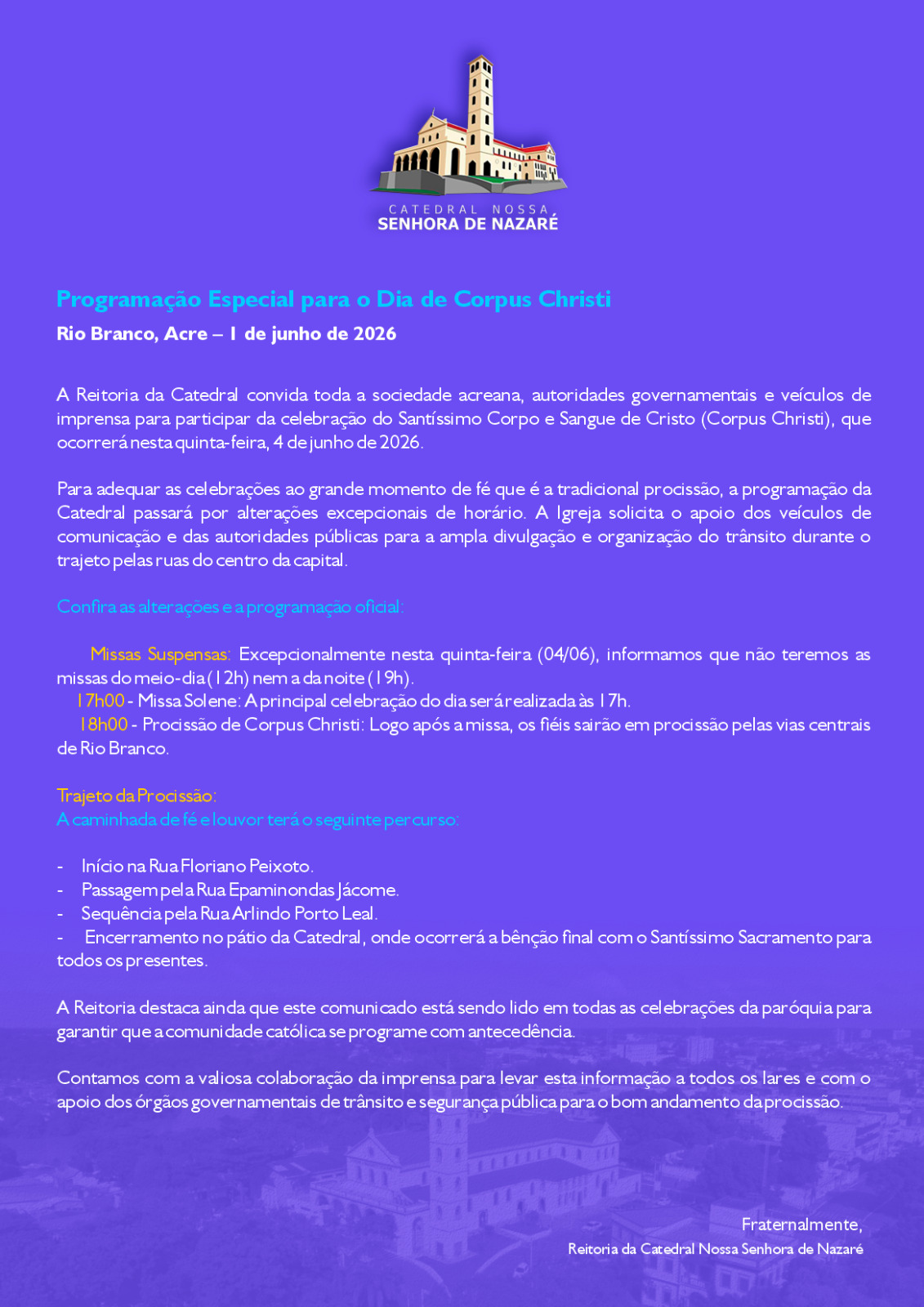 Diocese de Rio Branco divulga programação de Corpus Christi; confira