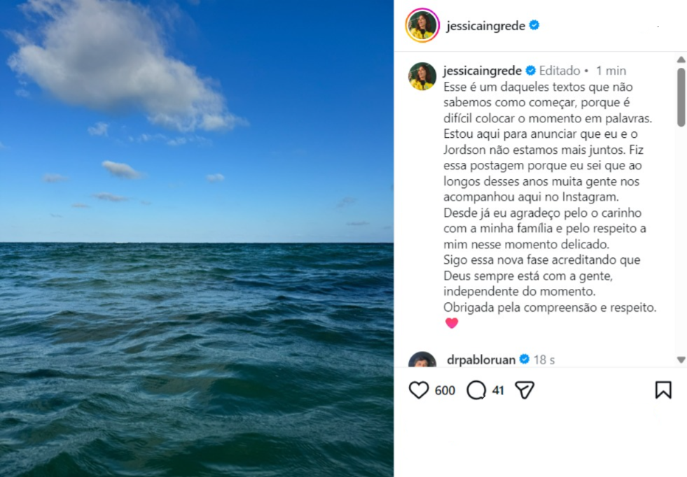 Jessica Ingrede anuncia fim do casamento com Jordson: “Momento delicado”